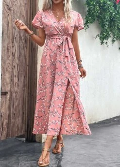 Pink Split Leaf Print Belted Maxi Dress -Modlily Shop 329392 P 16818030898073