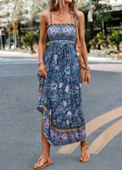 Multi Color Smocked Floral Print Belted Maxi Dress -Modlily Shop 329393 P 16819888432904
