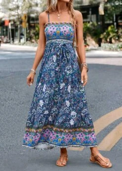 Multi Color Smocked Floral Print Belted Maxi Dress -Modlily Shop 329393 P 16819888438203