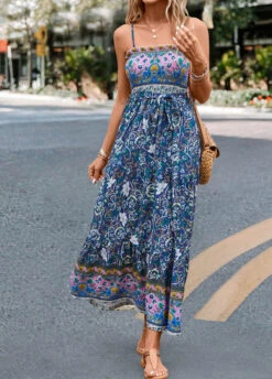 Multi Color Smocked Floral Print Belted Maxi Dress -Modlily Shop 329393 P 16819888438972