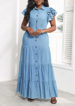 Denim Blue Ruffle Short Sleeve Maxi Dress -Modlily Shop 329416 P 16799923091613
