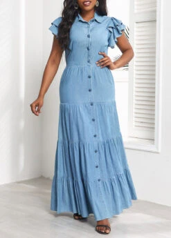 Denim Blue Ruffle Short Sleeve Maxi Dress -Modlily Shop 329416 P 16799923092512