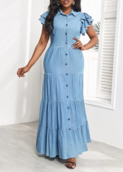 Denim Blue Ruffle Short Sleeve Maxi Dress -Modlily Shop 329416 P 16799923096115