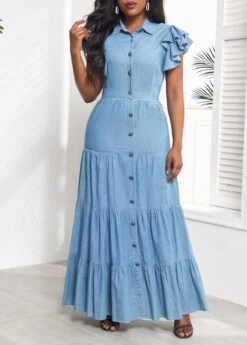 Denim Blue Ruffle Short Sleeve Maxi Dress