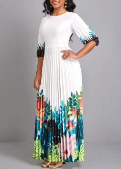 White Pleated Floral Print Maxi Dress -Modlily Shop 329474 P 16795649640082