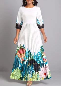 White Pleated Floral Print Maxi Dress -Modlily Shop 329474 P 16795649642463