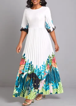 White Pleated Floral Print Maxi Dress -Modlily Shop 329474 P 16795649642844