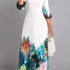 White Pleated Floral Print Maxi Dress