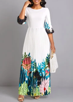 White Pleated Floral Print Maxi Dress