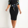 Black Patchwork Floral Print Short Sleeve Bodycon Dress -Modlily Shop 329477 P 16808513328610