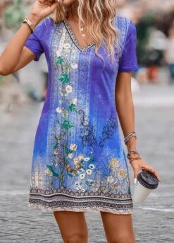 Purple Lightweight Floral Print Short V Neck Dress -Modlily Shop 329498 P 16822250093195
