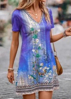 Purple Lightweight Floral Print Short V Neck Dress -Modlily Shop 329498 P 16822250096154