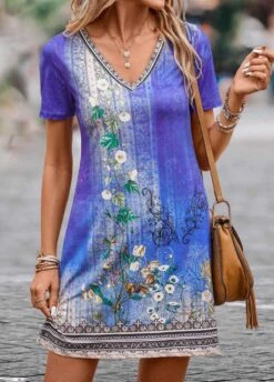Purple Lightweight Floral Print Short V Neck Dress -Modlily Shop 329498 P 16822250097262