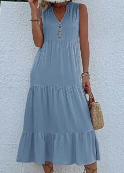Dusty Blue Button A Line Sleeveless Dress -Modlily Shop 329509 P 1678958943482