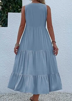 Dusty Blue Button A Line Sleeveless Dress -Modlily Shop 329509 P 1678958943844