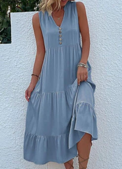 Dusty Blue Button A Line Sleeveless Dress -Modlily Shop 329509 P 1678958944483
