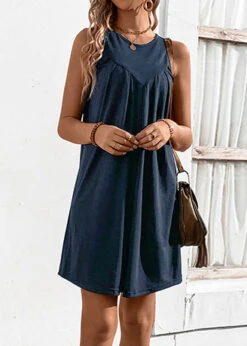 Navy Ruched H Shape Sleeveless Round Neck Dress -Modlily Shop 329511 P 1678960531375