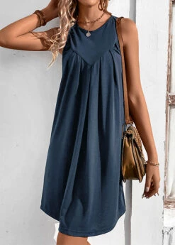 Navy Ruched H Shape Sleeveless Round Neck Dress -Modlily Shop 329511 P 1678960531927