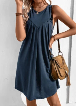 Navy Ruched H Shape Sleeveless Round Neck Dress