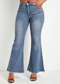 Denim Blue Pocket Flare Leg Zipper Fly Jeans -Modlily Shop 329573 P 16808514020482