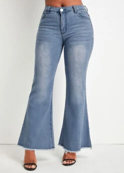 Denim Blue Pocket Flare Leg Zipper Fly Jeans