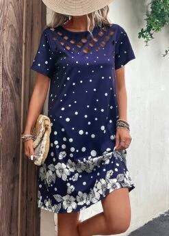 Navy Cut Out Floral Print H Shape Dress -Modlily Shop 329584 P 16818028911125