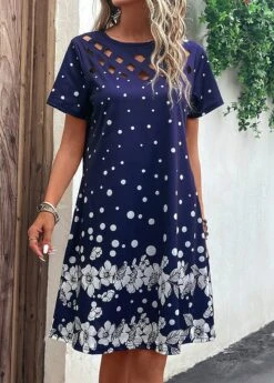 Navy Cut Out Floral Print H Shape Dress -Modlily Shop 329584 P 16818028912782