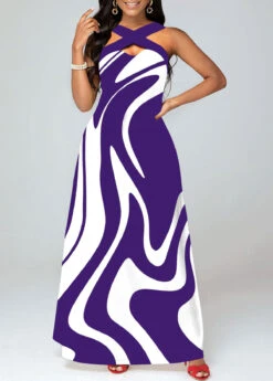 Purple Criss Cross Geometric Print Maxi Dress -Modlily Shop 329596 P 1683365704337