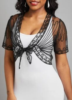 Black Mesh Short Sleeve V Neck Coat -Modlily Shop 329698 P 16820463639293