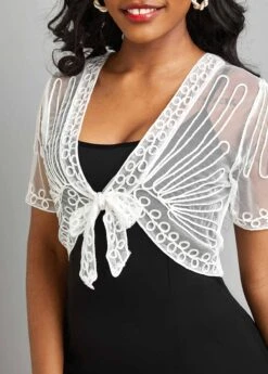 White Mesh Short Sleeve V Neck Coat