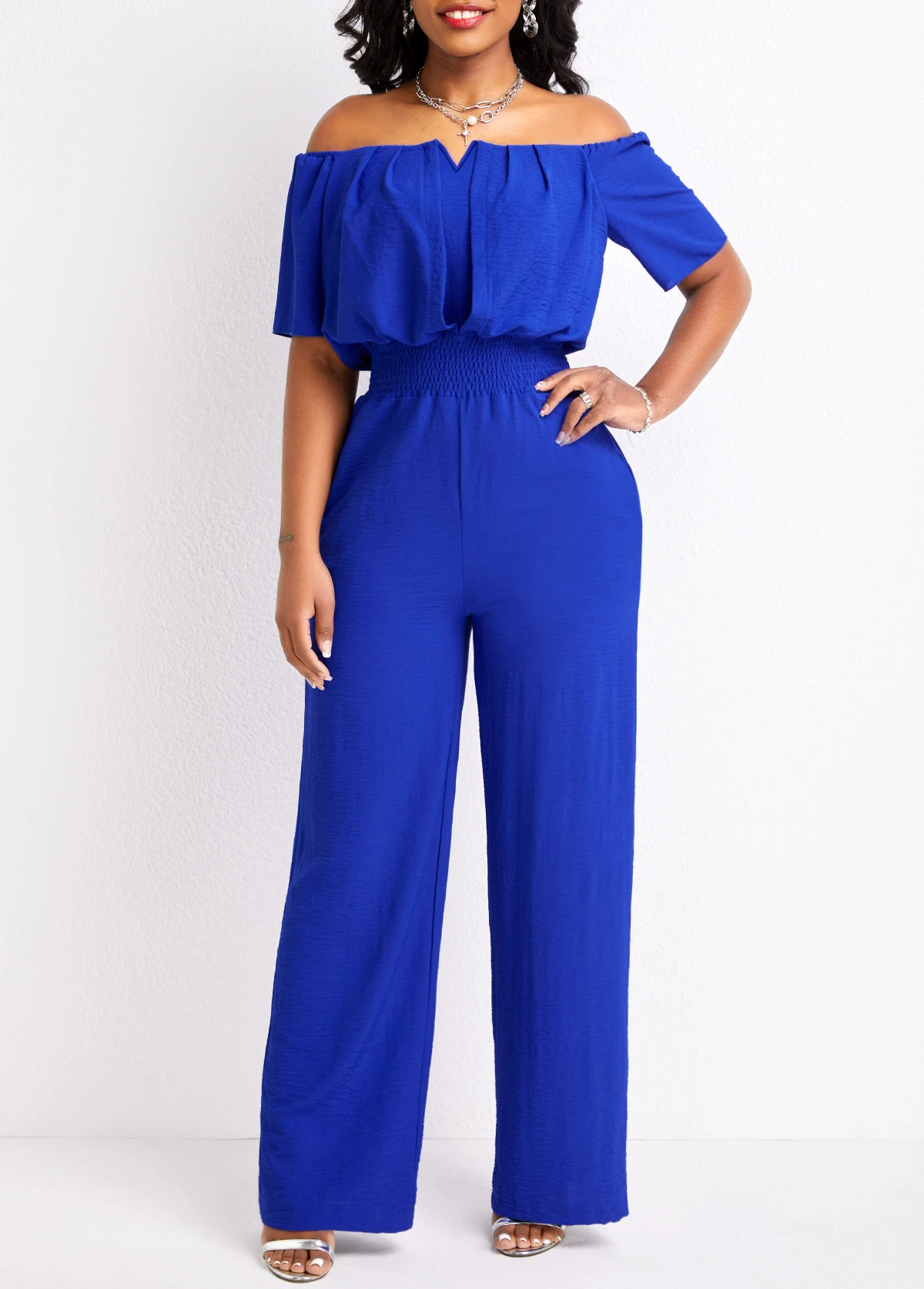 Royal Blue Smocked Long Short Sleeve Jumpsuit 5 Royal Blue Smocked Long Short Sleeve Jumpsuit - Image 3