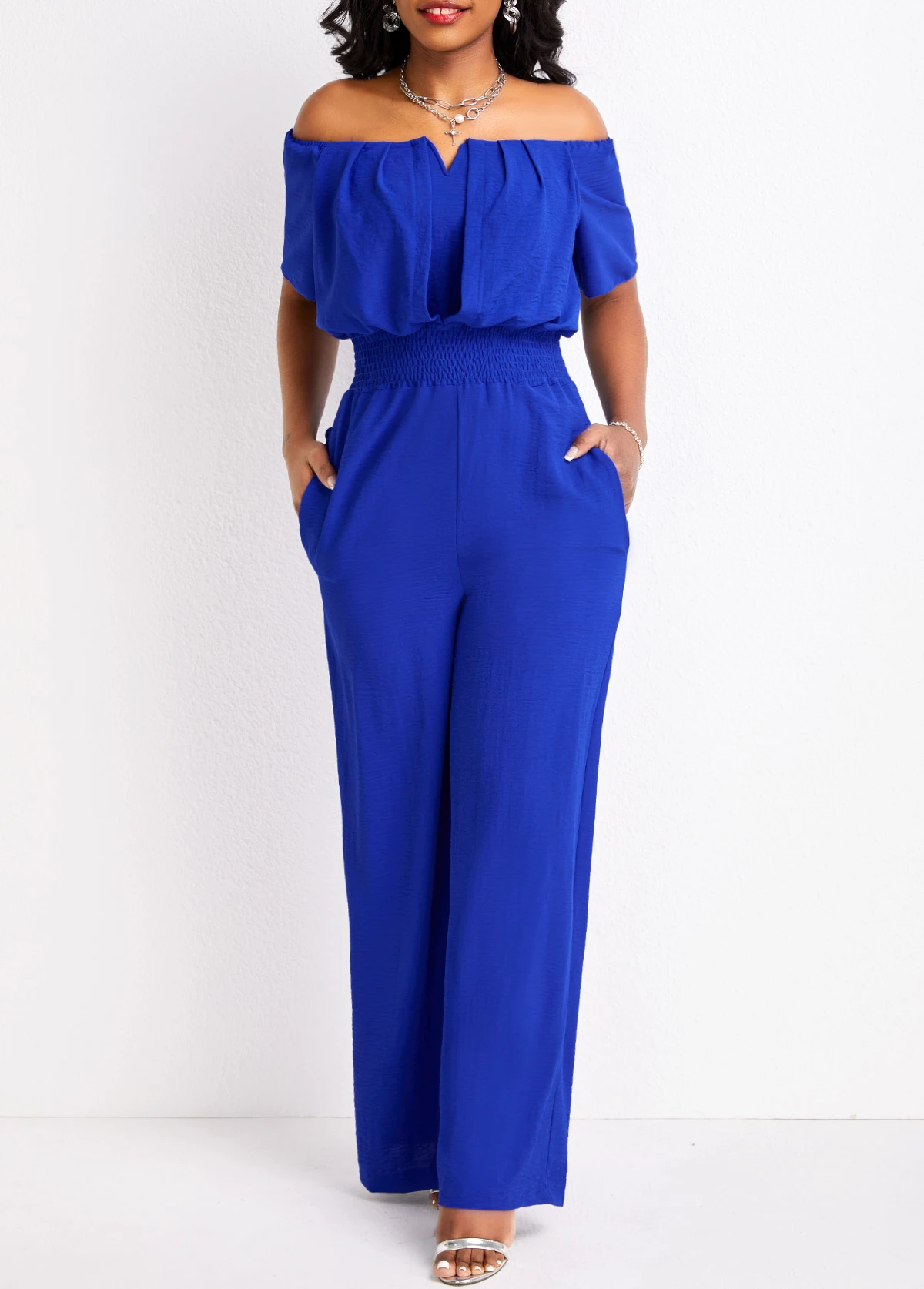 Royal Blue Smocked Long Short Sleeve Jumpsuit 6 Royal Blue Smocked Long Short Sleeve Jumpsuit - Image 4