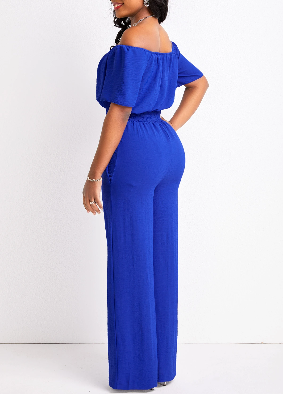 Royal Blue Smocked Long Short Sleeve Jumpsuit 4 Royal Blue Smocked Long Short Sleeve Jumpsuit - Image 2