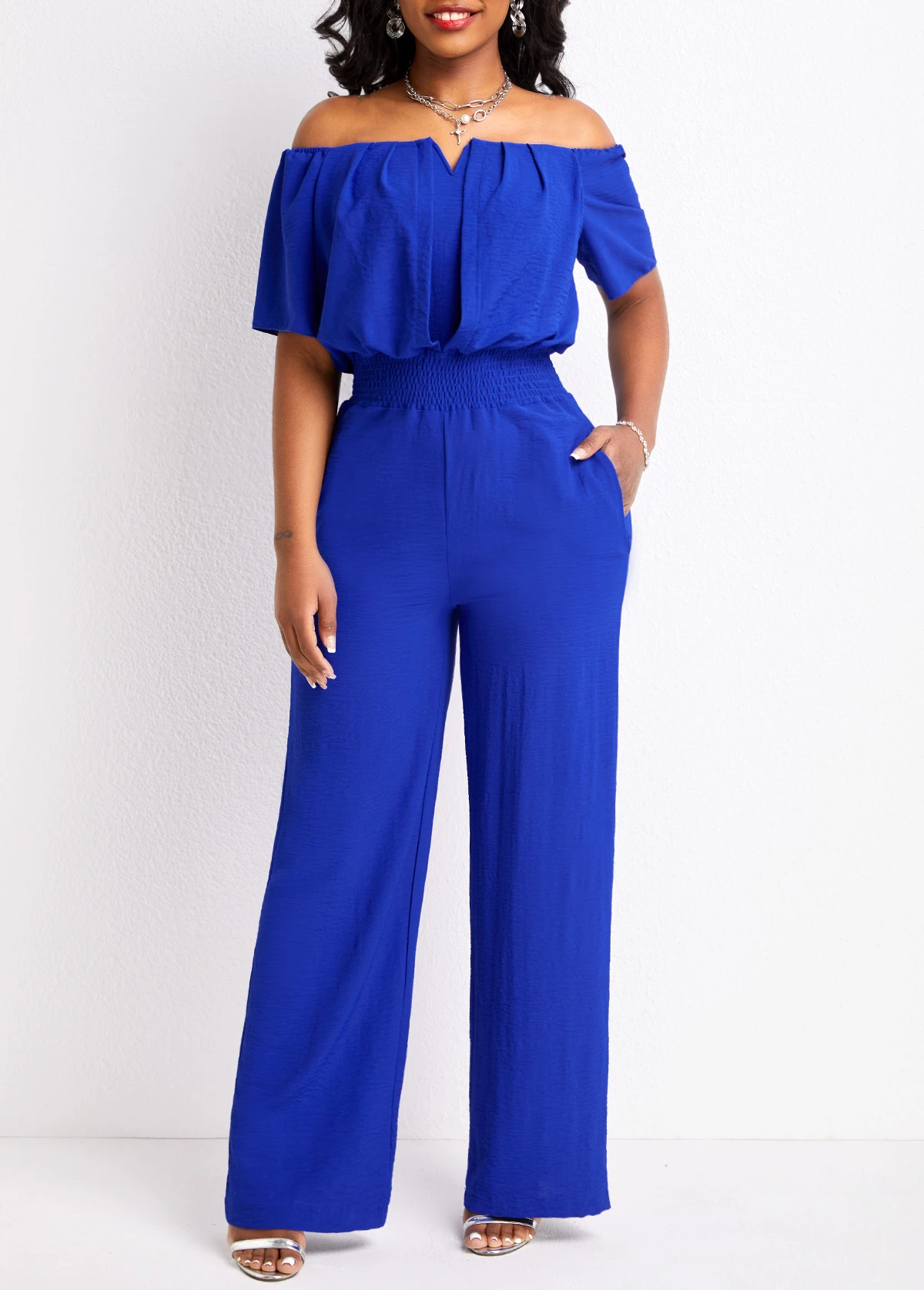 Royal Blue Smocked Long Short Sleeve Jumpsuit 3 Royal Blue Smocked Long Short Sleeve Jumpsuit