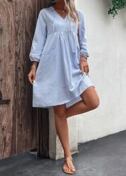 Light Blue Pocket Shift Split Neck Dress -Modlily Shop 329734 P 16824777380373