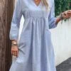 Light Blue Pocket Shift Split Neck Dress -Modlily Shop 329734 P 16824777384360