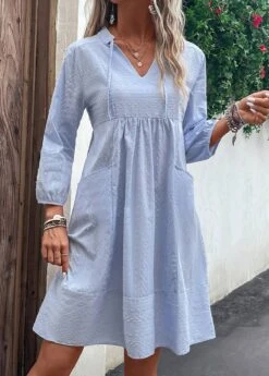 Light Blue Pocket Shift Split Neck Dress