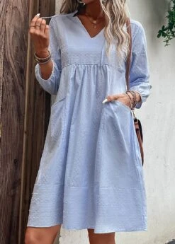 Light Blue Pocket Shift Split Neck Dress -Modlily Shop 329734 P 16824777385984