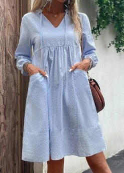 Light Blue Pocket Shift Split Neck Dress -Modlily Shop 329734 P 16824777386002