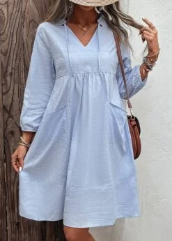 Light Blue Pocket Shift Split Neck Dress -Modlily Shop 329734 P 16824777388335