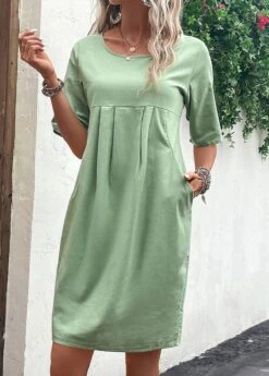 Green Pocket Half Sleeve Shift Dress -Modlily Shop 329735 P 16824777082012