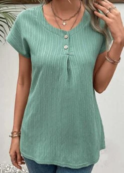 Green Button Short Sleeve Round Neck T Shirt 11 Green Button Short Sleeve Round Neck T Shirt -Modlily Shop 329740 P 16831812002874