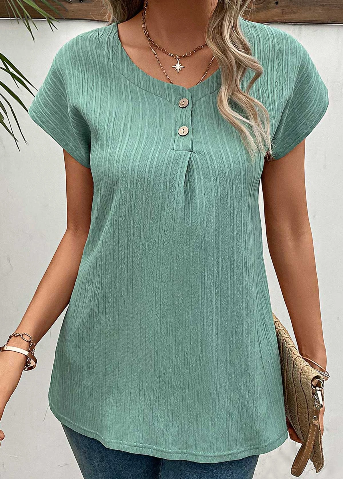 Green Button Short Sleeve Round Neck T Shirt 6 Green Button Short Sleeve Round Neck T Shirt - Image 4
