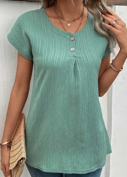 Green Button Short Sleeve Round Neck T Shirt 9 Green Button Short Sleeve Round Neck T Shirt -Modlily Shop 329740 P 16831812006792