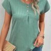 Green Button Short Sleeve Round Neck T Shirt