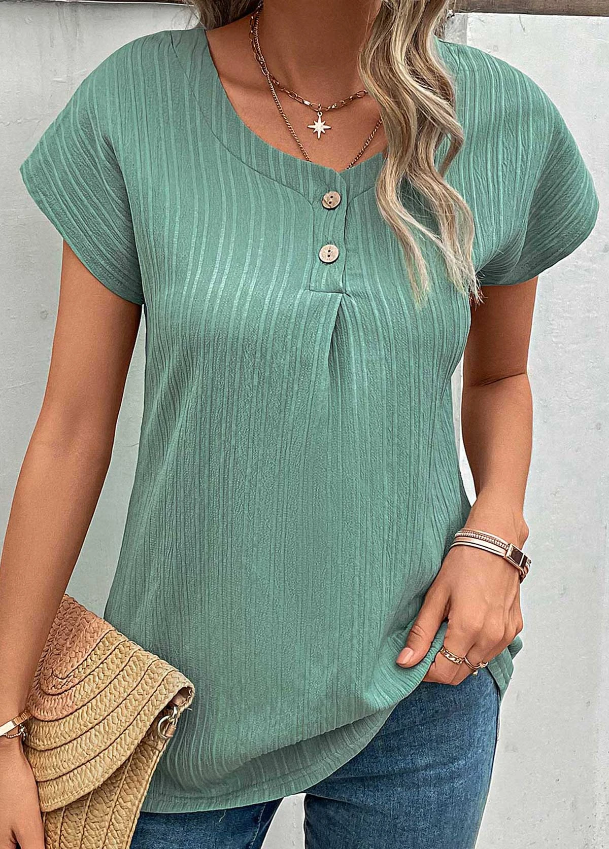 Green Button Short Sleeve Round Neck T Shirt 3 Green Button Short Sleeve Round Neck T Shirt