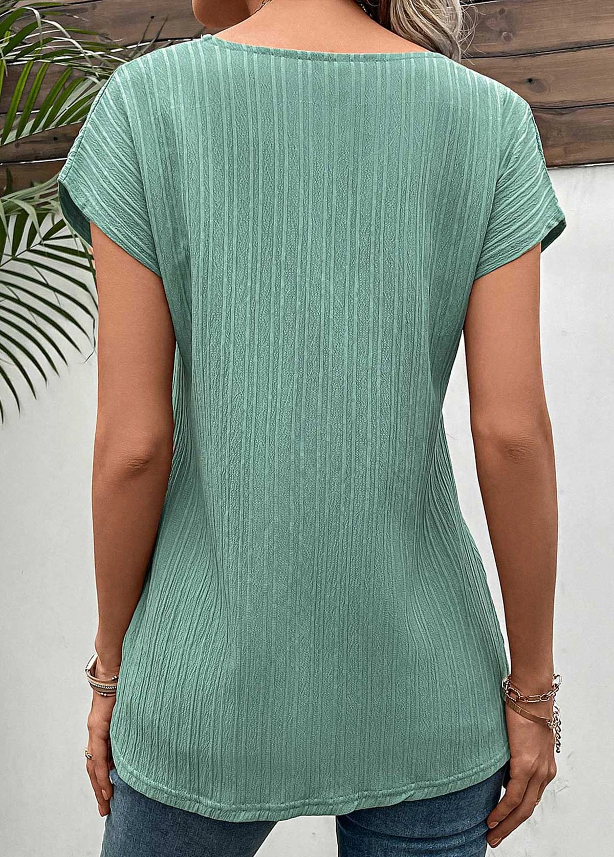 Green Button Short Sleeve Round Neck T Shirt 4 Green Button Short Sleeve Round Neck T Shirt - Image 2