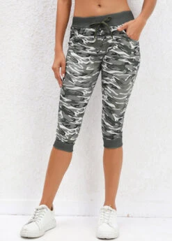 Sage Green Camouflage Print Mid Waisted Capri Leggings -Modlily Shop 329742 P 16817131421304