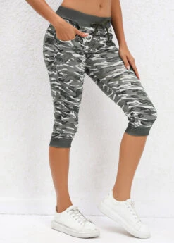 Sage Green Camouflage Print Mid Waisted Capri Leggings -Modlily Shop 329742 P 16817131421970