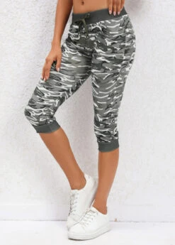 Sage Green Camouflage Print Mid Waisted Capri Leggings